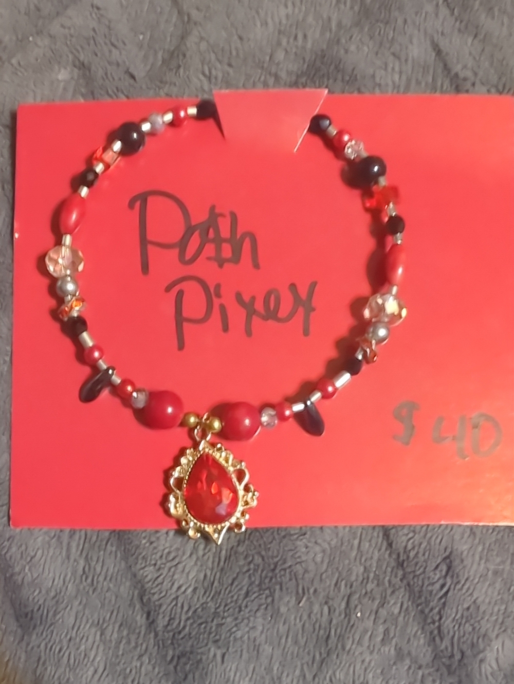 Red Beaded Bracelet with Teardrop Crystal Charm
